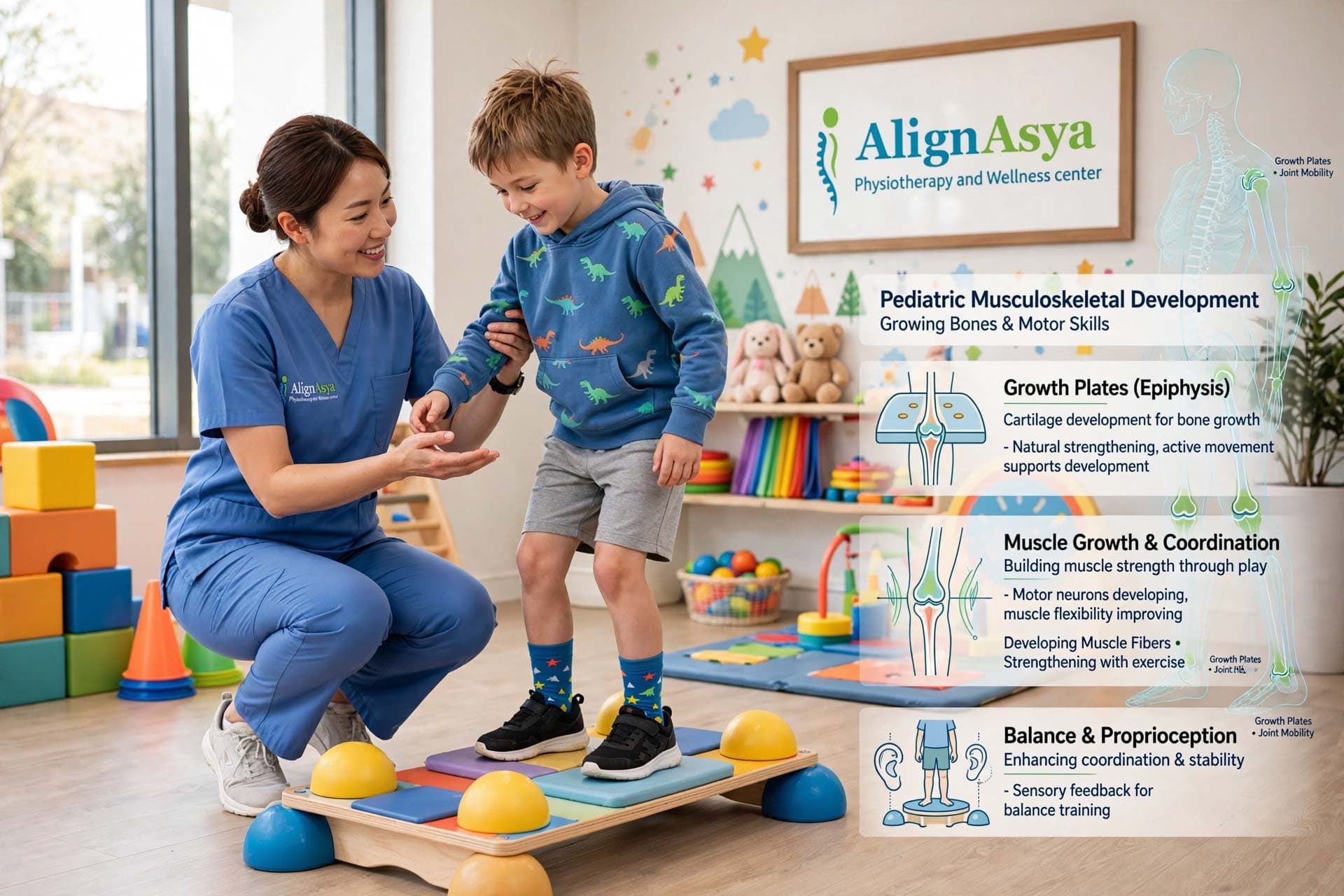 Physiotherapist working with a child during a pediatric physiotherapy session at AlignAsya, Mira Road