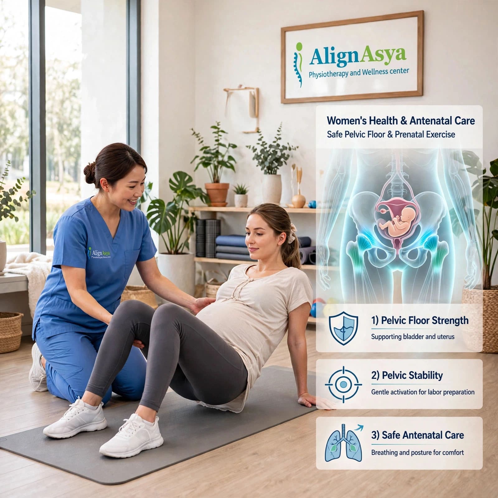 Physiotherapist guiding a pregnant patient through a gentle antenatal exercise at AlignAsya, Mira Road
