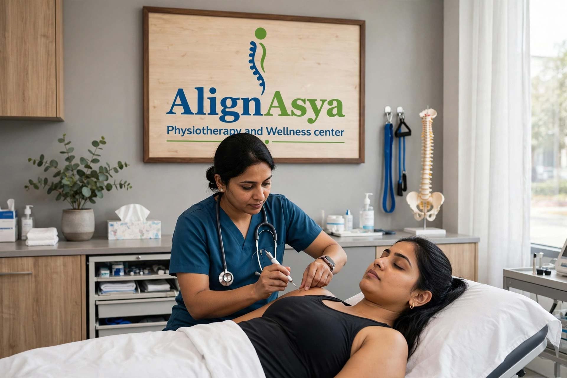 Physiotherapist assessing a patient's muscle tightness before treatment