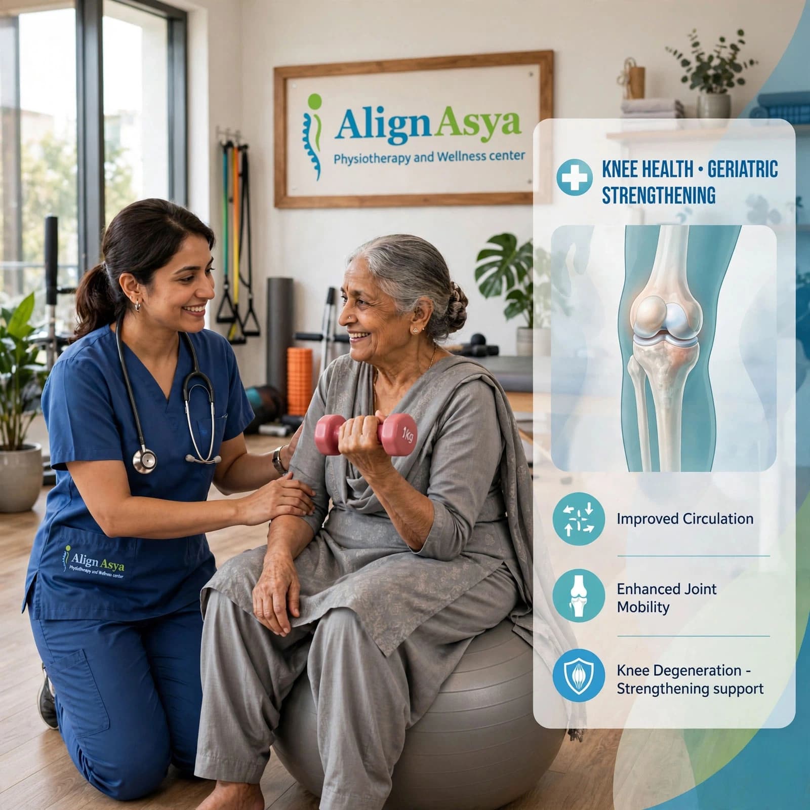 Physiotherapist supporting an older adult through a balance exercise at AlignAsya, Mira Road