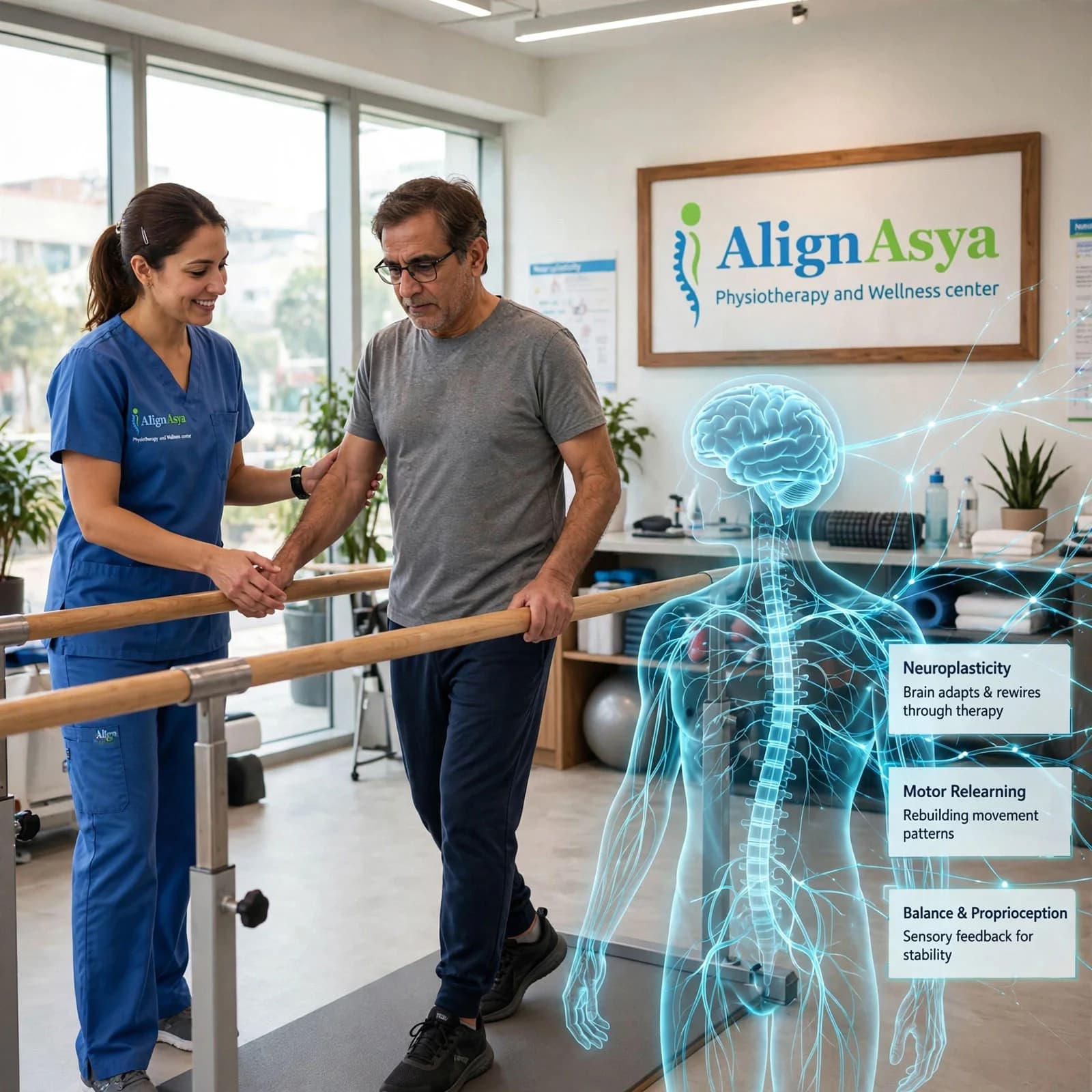 Physiotherapist guiding a patient through a neurological rehabilitation exercise at AlignAsya, Mira Road