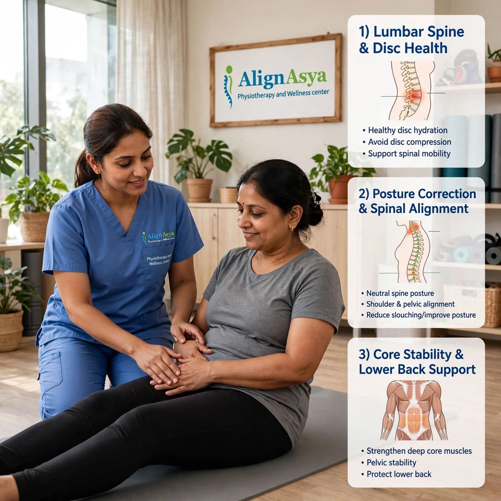 Physiotherapist supporting a new mother through a postnatal recovery exercise