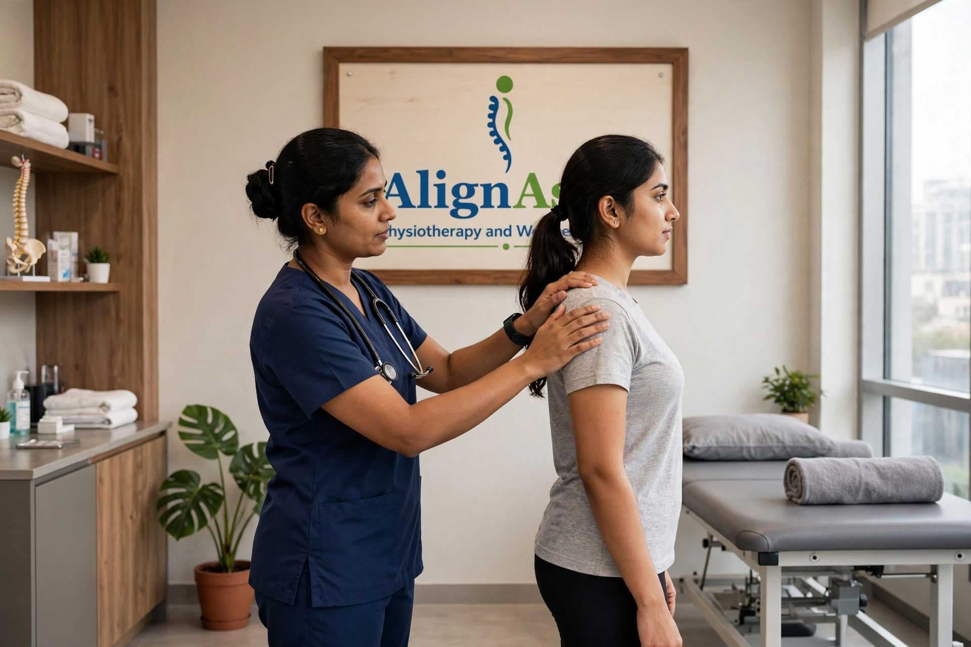 Physiotherapist assessing a patient's spine and joint mobility at AlignAsya, Mira Road