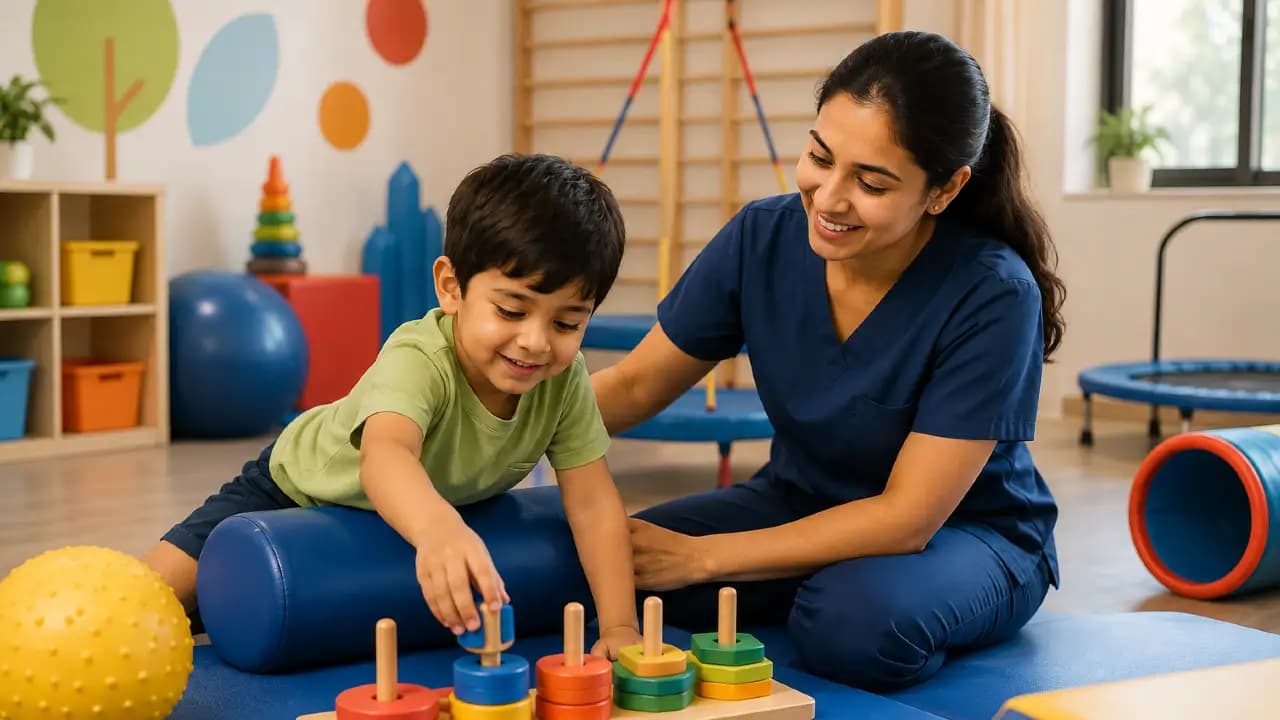 Physiotherapist working with a child during a pediatric physiotherapy session at AlignAsya, Mira Road