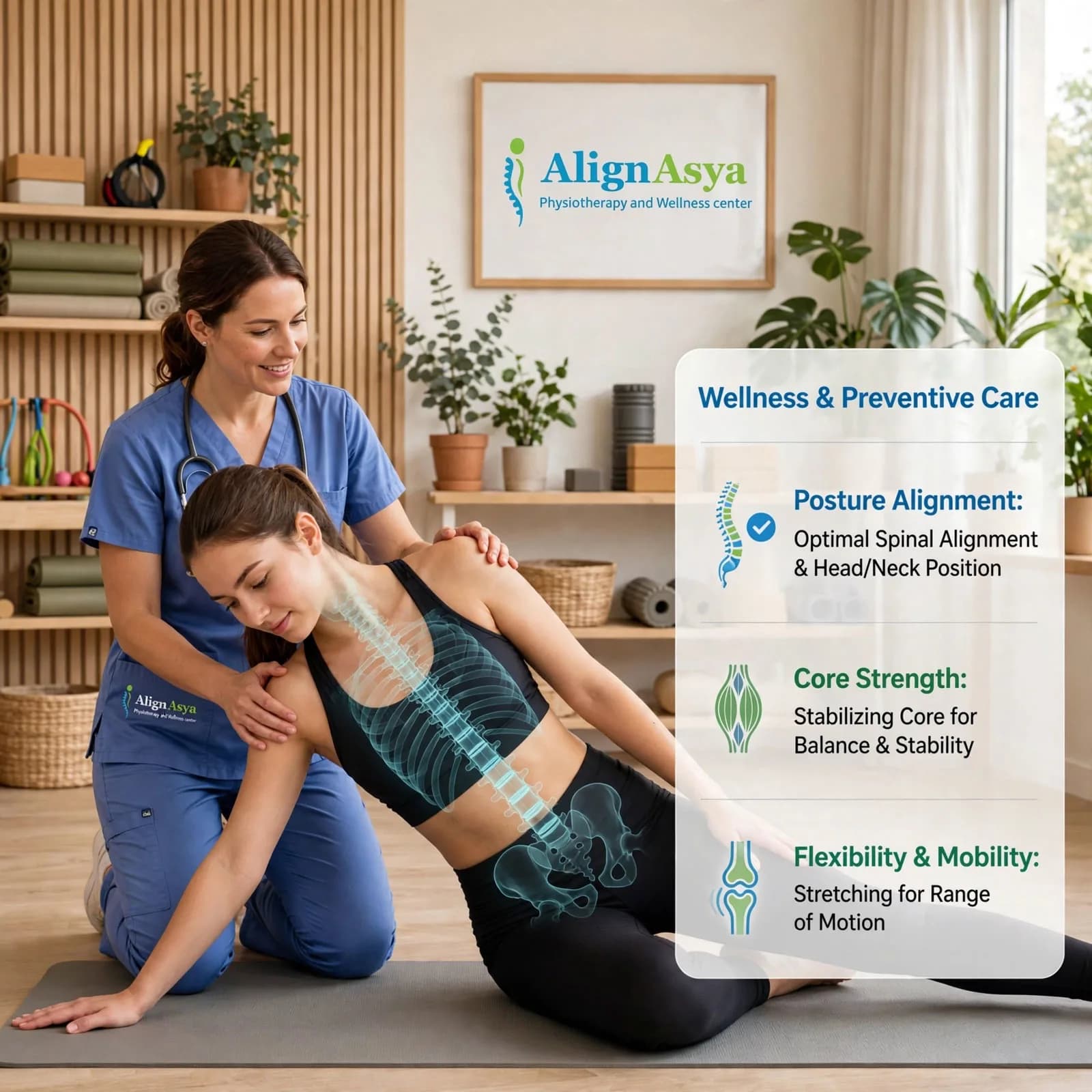 Physiotherapist guiding a client through a posture and wellness assessment at AlignAsya, Mira Road