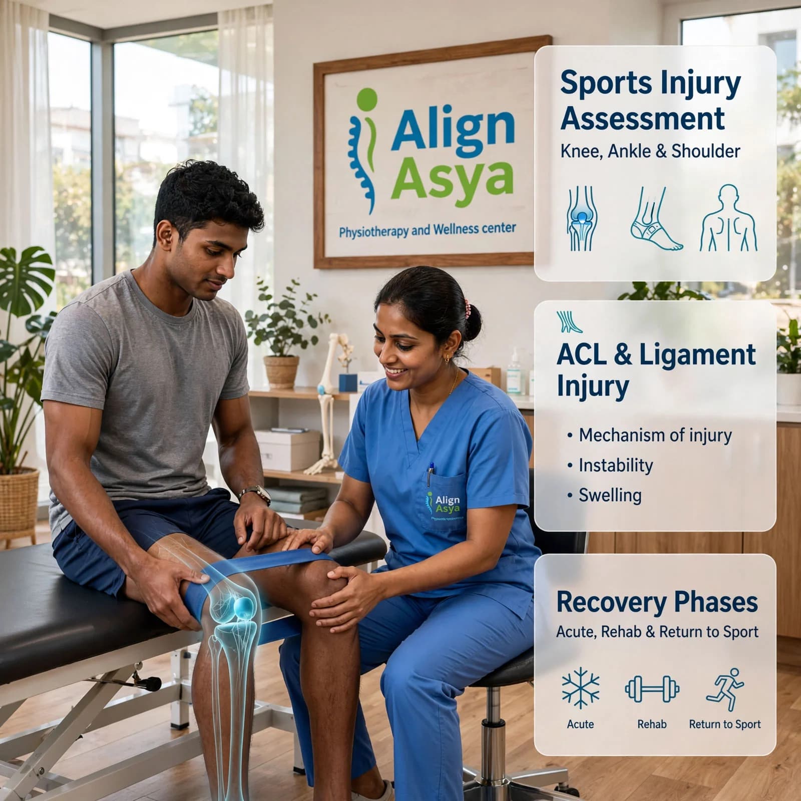 Physiotherapist assessing an athlete's knee injury at AlignAsya, Mira Road