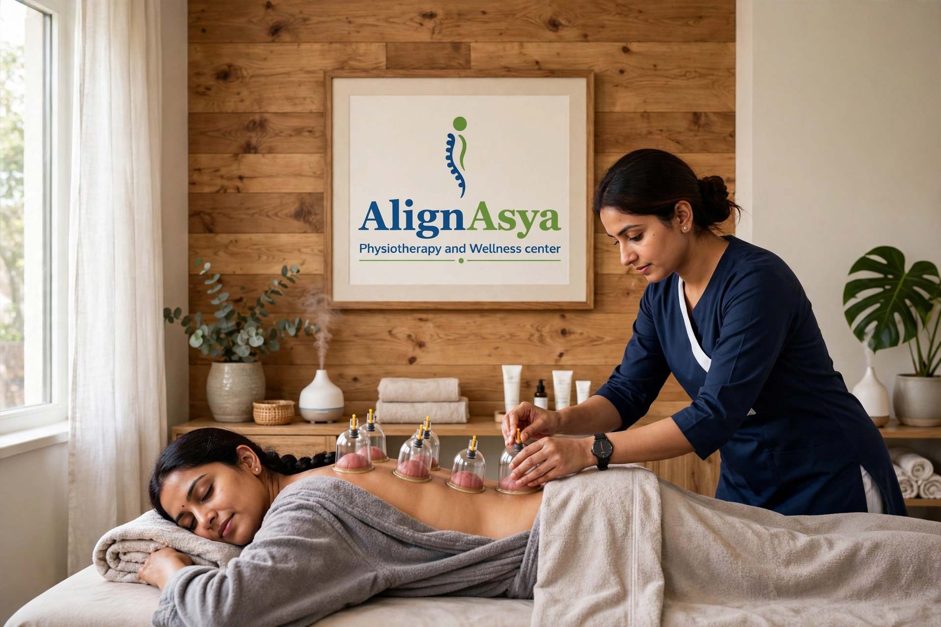 Physiotherapist administering cupping therapy at AlignAsya, Mira Road