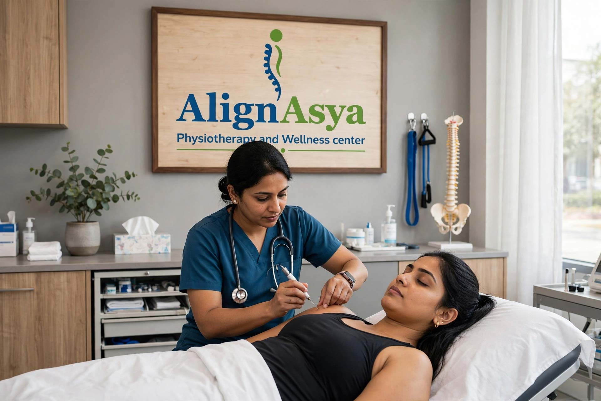 Physiotherapist assessing a patient's muscle tightness before treatment