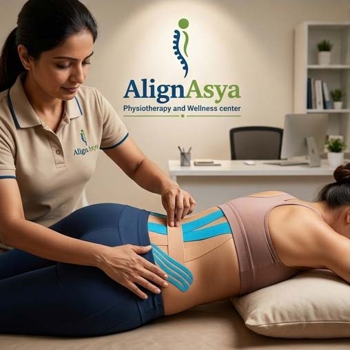 Physiotherapist applying kinesio tape to support a patient's joint at AlignAsya, Mira Road